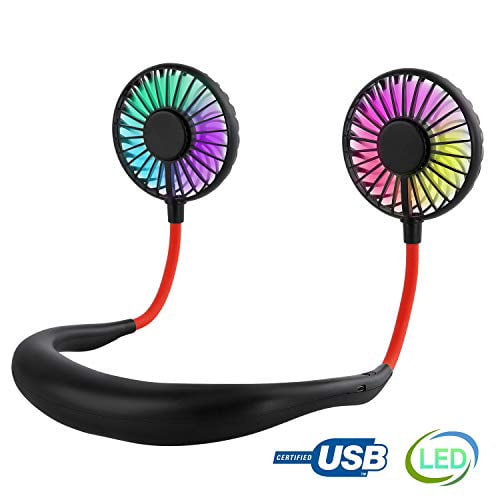 Rechargeable Perfect for Sports Quiet Hand Free USB Personal Fan Pink Portable Mini LED Fan Headphone Neck Hanging Design Fan Internal Rainbow and White Light Traveling and Office 3 Speeds 